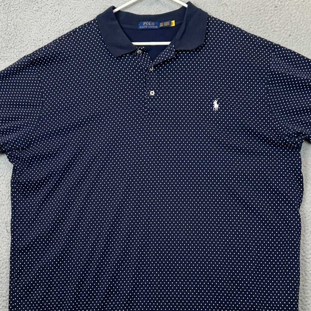 Polo Ralph Lauren Polo Shirt Mens 2XLT Tall Polka Dot Navy Blue Casual Rugby EUC